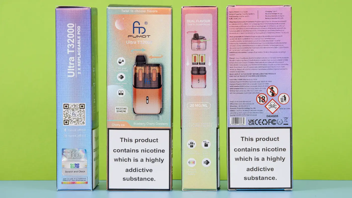 Fumot Ultra T32000 Verpackung mit QR-Code zur Echtheitsprüfung